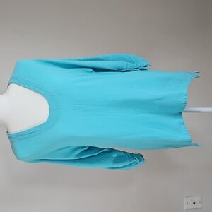 Oh My Gauze Size 1/8-10 Tunic Top Cotton Shirred Sleeves Sharkbite Hem Blue